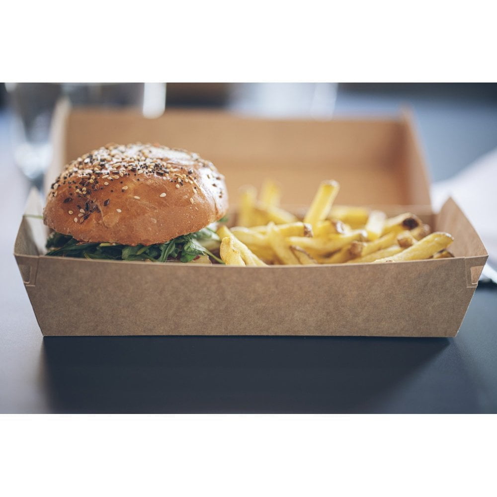 Boite allongée Delivery en kraft brun avec burger et frites - 22,5 x 12 x 7,5 cm