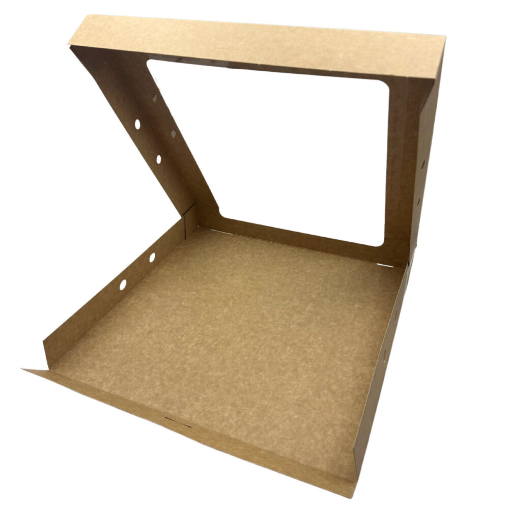 Brązowe pudełko na pizzę z kraftu z otwartym okienkiem 30x30x4 cm - Furodet Emballages
