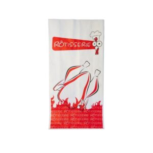 White towel featuring a stylized red-and-white roasted chicken illustration and a red 'RÔTISSERIE' banner near the top with a small chef graphic in the corner.