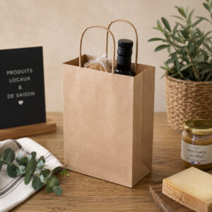 Brown paper gift bag with handles holding a bottle, placed on a wooden table with cheese and a jar nearby, plus a green plant in the background.