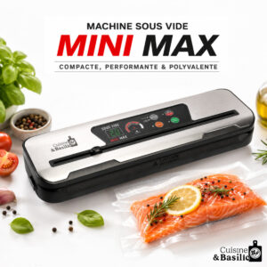 Mini MAX compact vacuum sealer with digital display on a white surface, salmon in a sealed bag and fresh herbs nearby