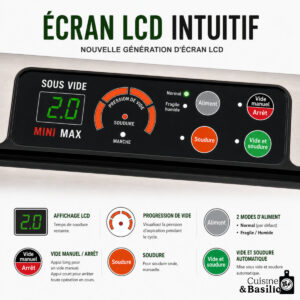 Close-up of a black LCD control panel with a green 2.0 display, red MINI MAX label, and a circular dial with French labels around it on a kitchen appliance infographic.