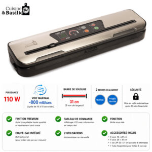 Vacuum sealer device by Cuisine & Basilic with control panel and sealing slot on top (image shows product and features).