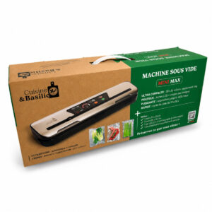 Box packaging for a vacuum sealer machine (Mini Max) with brown and green panels and an image of the sealer on the box, branding reads 'Cuisine & Basilic'.