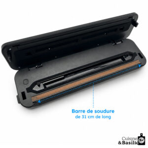 Open heat-sealing device with a 31 cm sealing bar; label reads 'Barre de soudure de 31 cm de long'.