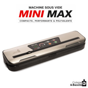 Compact vacuum sealer labeled MINI MAX on a stainless steel top, with 'Cuisine & Basilic' logo on the bottom corner and a white background.