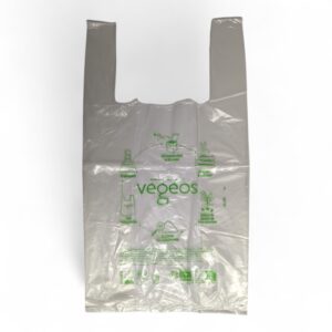Gray plastic shopping bag with two handle holes and green eco-icons/branding on the front, including the word 'vegeos'.