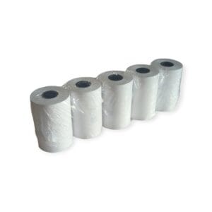 Stack of wrapped toilet paper rolls arranged in a row, viewed from the side.