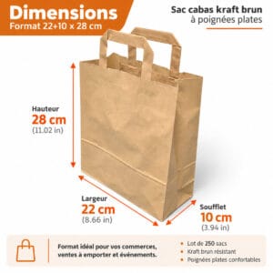 22x10x28 cm - Rozměry | Furodet Emballages Infografika zobrazující hnědý papírový sáček s rozměry: výška 28 cm, šířka 22 cm, klínek 10 cm; poznámky k ideálnímu použití s sebou.