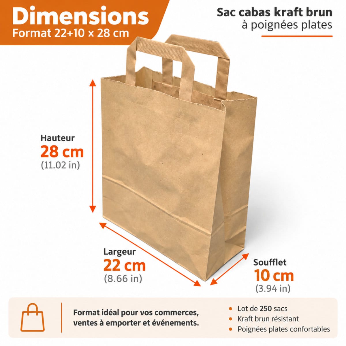 22x10x28 cm - Rozměry | Furodet Emballages Infografika zobrazující hnědý papírový sáček s rozměry: výška 28 cm, šířka 22 cm, klínek 10 cm; poznámky k ideálnímu použití s sebou.