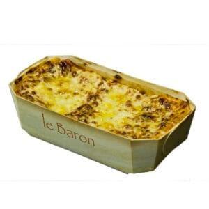 B-BARON-TRAITEUR-LASAGNE-VAE-PANIBOIS | Furodet Emballages Takeout wooden box with a baked cheese pizza inside; side label reads 'le Baron'