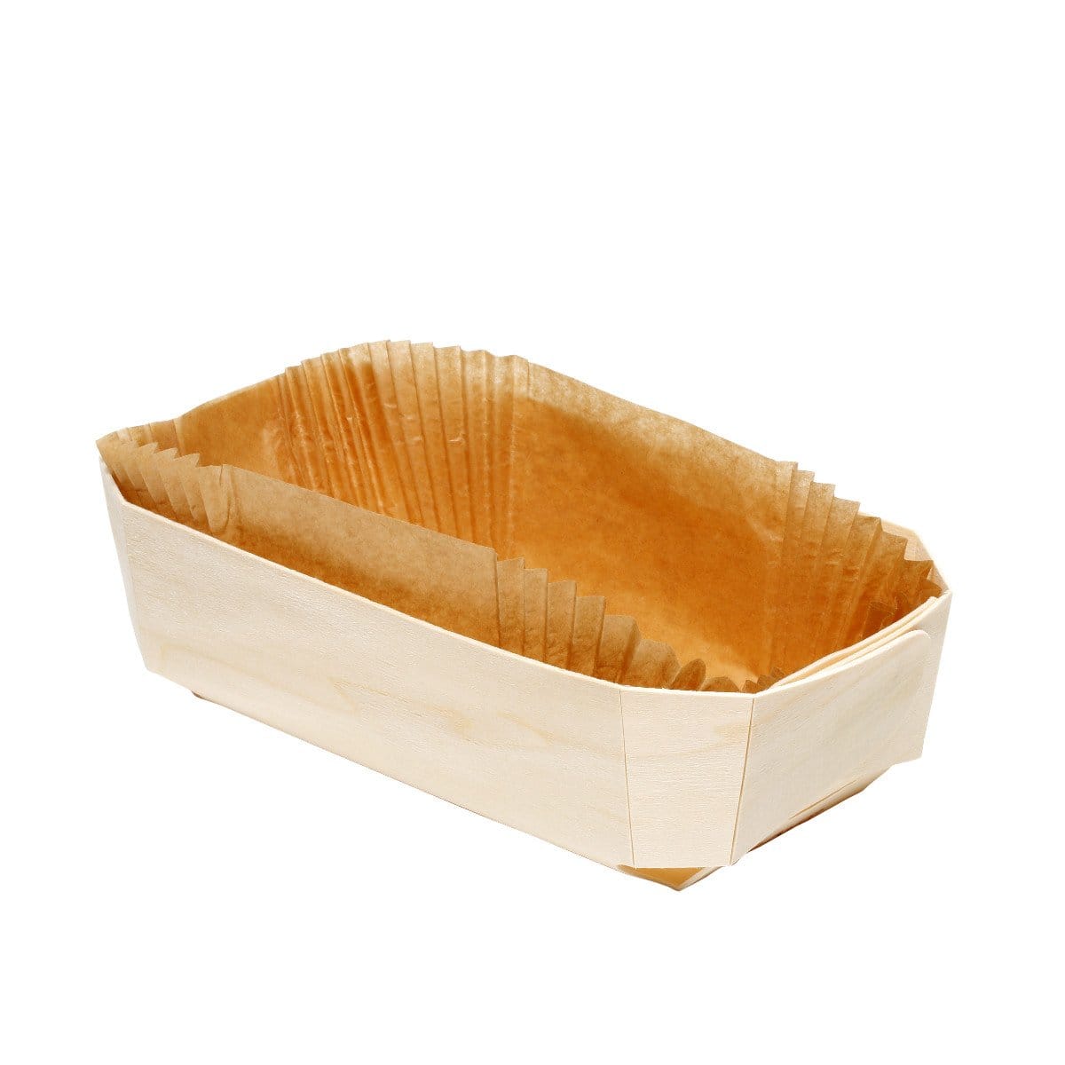 B-CO9A0257-BARON-TQP-HD | Furodet Emballages Rectangular wooden loaf pan lined with pleated parchment paper for baking.