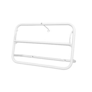 White metal bed guard rail with side brackets and a hanging loop, folded into a rectangular frame for safety barrier use