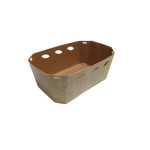 Brown corrugated cardboard basket with circular/oval cutouts along the sides and top edge.