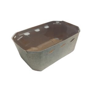 Rectangular metal basket with a brown plastic lid and oval side vents, angled view.