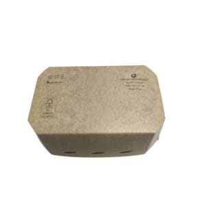 Top view of a brown cardboard box lid with recycling and FSC icons and small print logos on the surface.