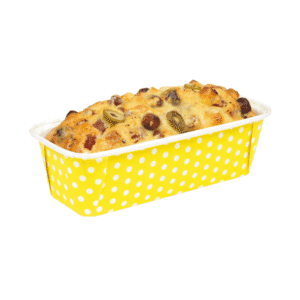 Yellow rectangular baking dish with white polka dots filled with cheesy olive-topped bread/casserole.