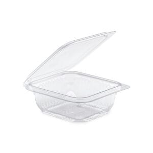 Clear, disposable plastic takeout container with the lid open, ready for food storage.