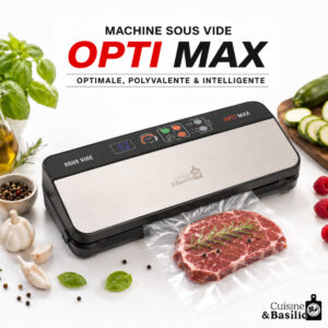 Opti Max vacuum sealer on a kitchen counter sealing a raw steak in a plastic bag for sous vide cooking, with herbs nearby.
