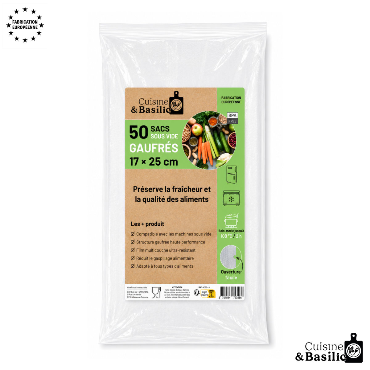 SACHET_50_SACS_GAUFRES_17X25CM - 1 | Furodet Emballages Pack of 50 Cuisine & Basilic sous?vide bags, 17 x 25 cm, BPA?free, for preserving freshness and quality of foods.