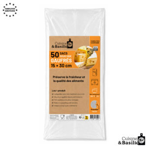 Package of 50 Cuisine & Basilic sous?vide bags, 15 × 30 cm, label shows cheese image and BPA-free symbol