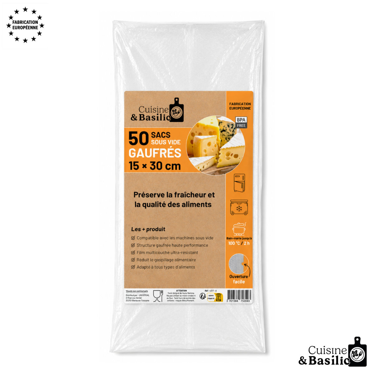 SACHET_50_SACS_GAUFRES_15X30CM - 1 | Furodet Emballages Package of 50 Cuisine & Basilic sous?vide bags, 15 × 30 cm, label shows cheese image and BPA-free symbol