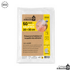 Pack of 50 vacuum-seal sous-vide bags, 20×30 cm, by Cuisine & Basilic, with yellow label and product details visible on the front.