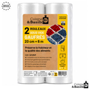 Two rolls of embossed sous?vide bags from Cuisine & Basilic, 20 cm x 6 m, BPA?free.