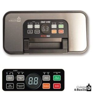 Two sous?vide cooker control panels: a metallic device on top with a digital display reading 6.3 and labeled buttons, and a black panel below with a round numeric display and various function buttons; branding reads Cuisine & Basilic.