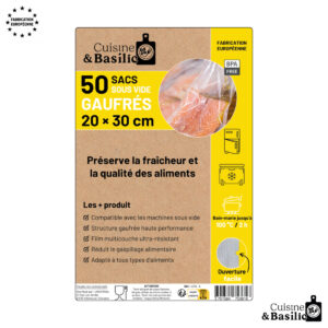 Pack of 50 sous-vide bags by Cuisine & Basilic, 20×30 cm, yellow and kraft design.