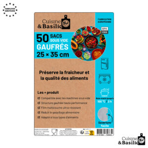 Front of Cuisine & Basilic packaging for 50 sous?vide bags, 25×35 cm, with blue panel and round food collage.