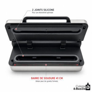 Vacuum sealer opened to show a 41 cm sealing bar for large formats, with two silicone joints and a Cuisine & Basilic logo.