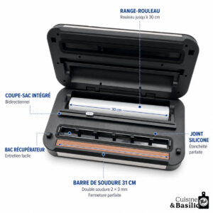 Open vacuum sealer showing a 30 cm roll, integrated bidirectional cutter, and 31 cm double welding bar with silicone seal.