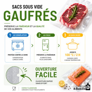 Infographic en français expliquant la conservation sous vide des aliments: congélation, réfrigération et cuisson au bain-marie pour préserver fraîcheur et qualité des aliments Son image montre trois étapes.