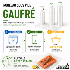 Infographie pédagogique sur la cuisson sous vide GAUFRÉ: 3 étapes de conservation (congélateur, frigo, bain-marie 100°C/2h) avec rouleaux sous vide et saumon en bas à droite.
