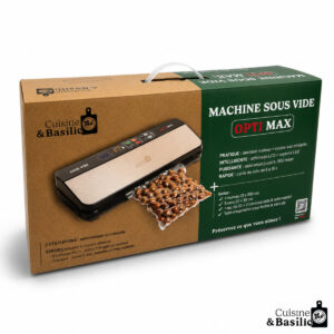 Vacuum sealer named Opti Max displayed on a brown and green box packaging from Cuisine & Basilic
