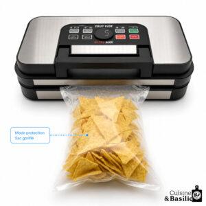 Vacuum sealer packaging a bag of tortilla chips, showing the control panel and bag being sealed for freshness.