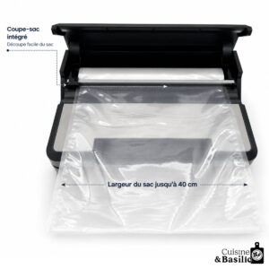Image shows a vacuum sealer with a plastic bag being fed, indicating bag width up to 40 cm for sealing food.