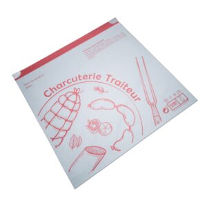 Layout of a charcuterie menu page with red line art of meat and a curved 'Charcuterie Traiteur' title