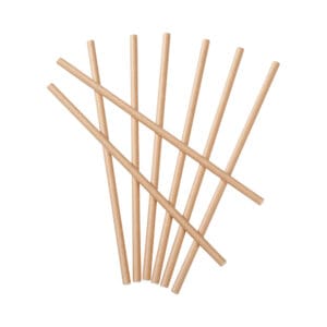 Group of beige paper drinking straws arranged in a fan on a white background.