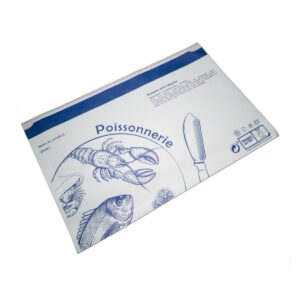 White seafood packaging bag with blue line drawings of a lobster, fish, and a knife, labeled Poissonnerie at the top.