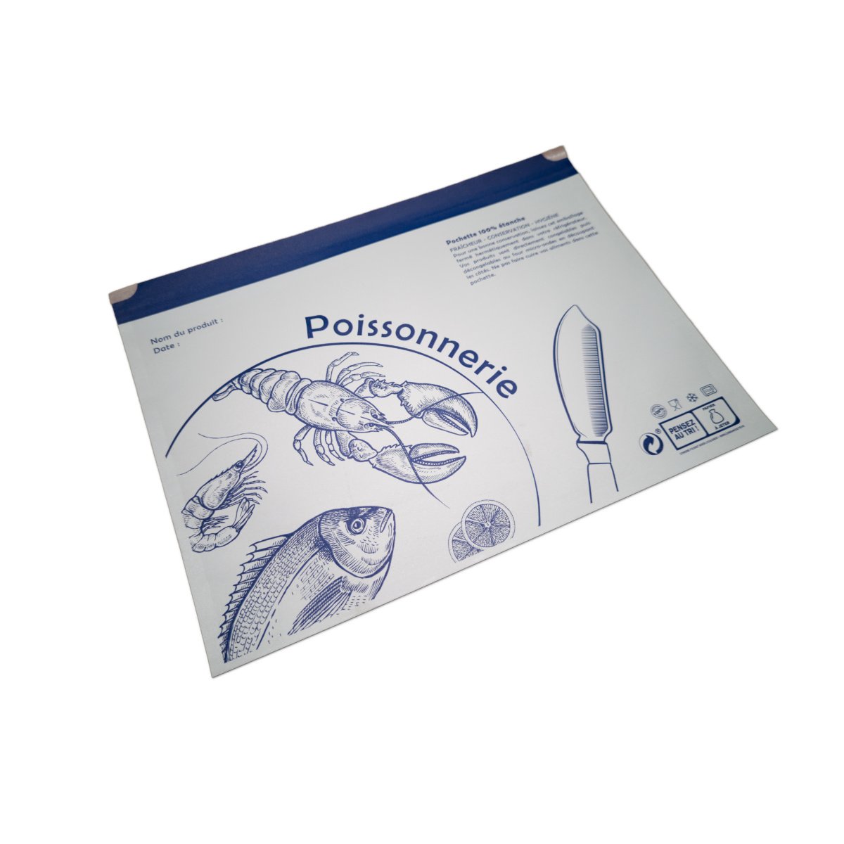 PAP3325-2 | Furodet Emballages Packaging for a fish market product with blue ink drawings of a lobster, fish, and lemon slice, labeled 'Poissonnerie'.