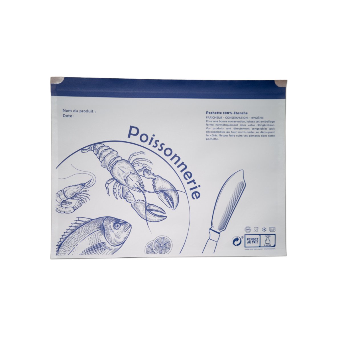 PAP3325 | Furodet Emballages White plastic pouch with blue drawings of a lobster and fish, labeled Poissonnerie. (Informational packaging image)