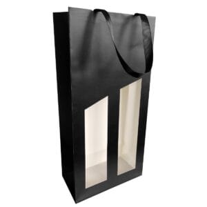 Black gift bag with two tall clear vertical windows and black handles.