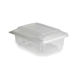 Clear plastic clamshell food container with hinged lid, empty and ready for storage.