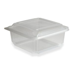Clear plastic food storage container with a snap-on lid for leftovers or meal prep