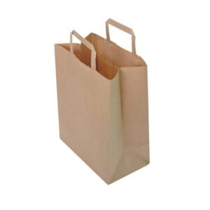 Brown paper shopping bag with two handles, standing upright as an empty bag.
