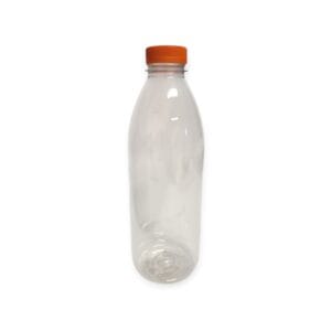 Close-up of an orange screw-cap on a clear plastic bottle against a white background, viewed from above.
