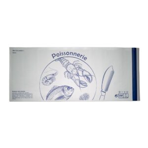 PAP2866 | Furodet Emballages White seafood packaging with blue drawings of a lobster and fish inside a circle and a knife on the right; 'Poissonnerie' at the top.