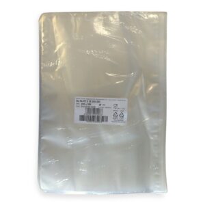Large silver vacuum pouch with a white label containing a barcode and product details at the bottom area.